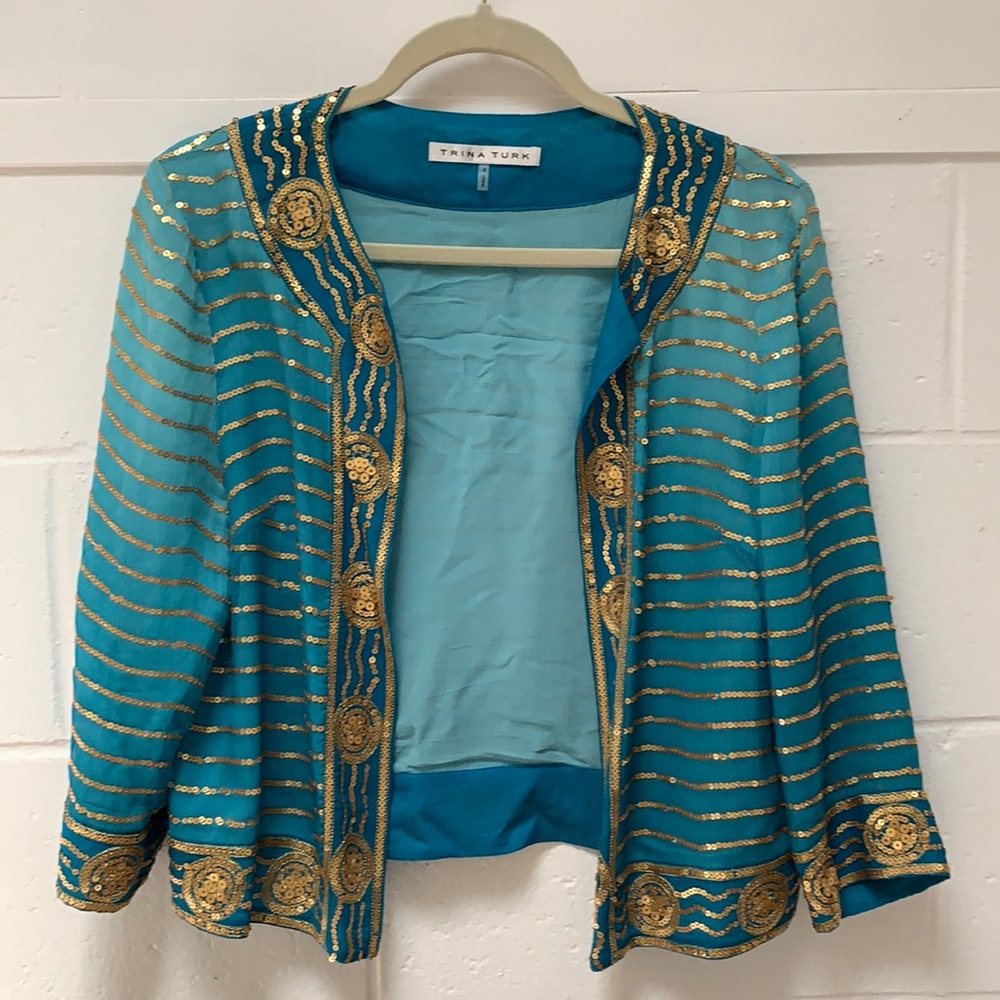 Trina Turk open silk cardigan with gold sequins